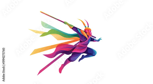 A colorful vector illustration depicts Sun Wukong, the Monkey King, wielding a magic wand with rainbow streamers flowing behind him, set against a clean white background in a modern icon