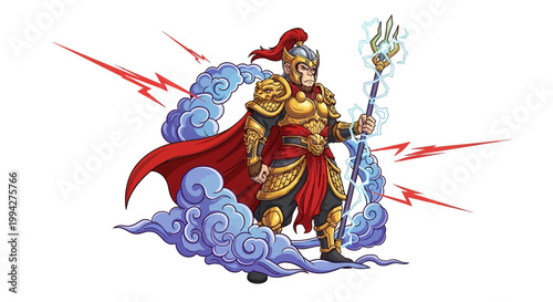 Illustration of Sun Wukong, a mythological figure, standing on clouds with a magic wand in a vector design, showcasing traditional culture with a religious tone against a clean white