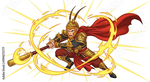 Detailed vector illustration of Sun Wukong, a mythological figure from religious culture and tradition, wielding a magic wand with dynamic action lines against a bright white background
