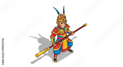 Isometric illustration of Sun Wukong, the Monkey King, holding his magic wand against a clean white background, rendered as a colorful vector icon with detailed armor and a dynamic pose