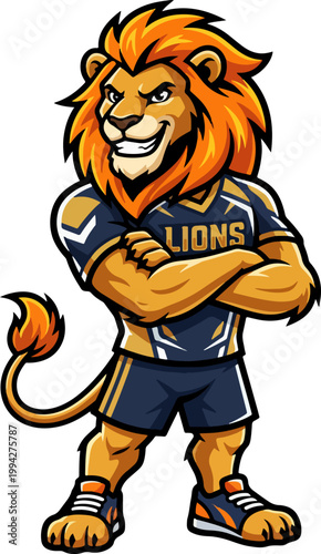 Confident Lion Sports Mascot Character with Crossed Arms
