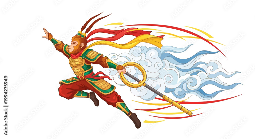 Obraz premium Vibrant vector art showing the Monkey King, a mythological figure wielding a magic wand and surrounded by swirling clouds, designed as an icon with a dynamic pose against a clean white