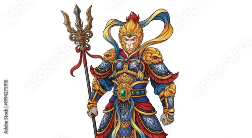 Vibrant illustration of the Monkey King, a powerful mythological figure, holding a trident and wearing intricate armor in a dynamic pose, designed with a clean vector style on a white