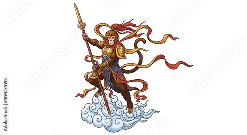 A stylized illustration of the Monkey King strikes a powerful pose holding a magic wand while standing on a cloud, the design rendered in bright colors against a clean white background