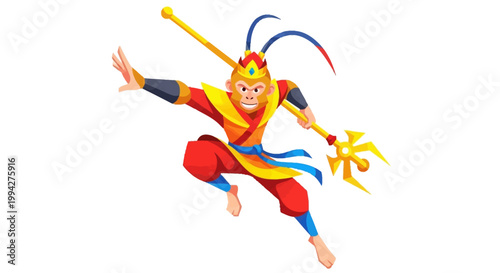 A dynamic vector illustration depicts Sun Wukong, the Monkey King, wielding a magic wand, in a full-body action pose with vibrant colors against a clean white background, conveying a sense