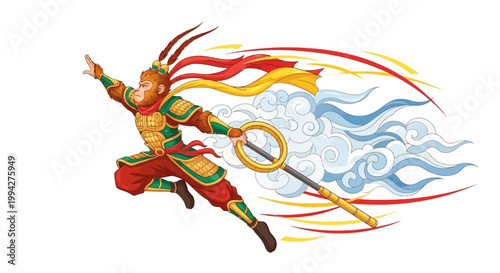 Vibrant vector art showing the Monkey King, a mythological figure wielding a magic wand and surrounded by swirling clouds, designed as an icon with a dynamic pose against a clean white