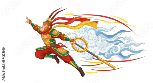 Obraz Vibrant vector art showing the Monkey King, a mythological figure wielding a magic wand and surrounded by swirling clouds, designed as an icon with a dynamic pose against a clean white