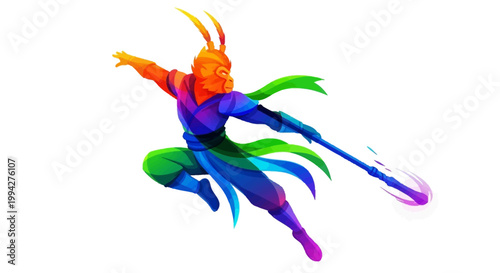 A colorful Sun Wukong illustration, depicted as a heroic mythological figure wielding a magic wand with dynamic pose, set against a clean white background, conveying a vibrant and artistic