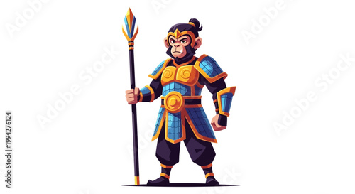 A cartoon depiction of the Monkey King, a mythological figure, standing with a magic wand on a white background, rendered as a colorful, detailed vector illustration with stylized armor