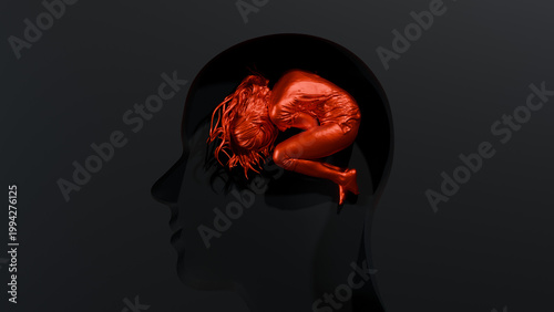 Person Curled Inside Human Head Silhouette - Mental Health Concept, Anxiety, Depression, Emotional Abuse, Trauma, Overthinking 3D Render