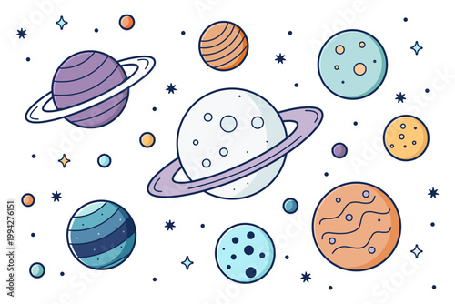 Diverse flat line art planets and stars set isolated on a clean white background for educational or decorative space design.