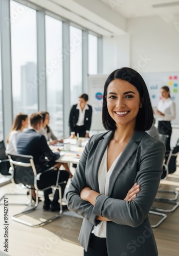 confident businesswoman standing in a modern office with colleagues working