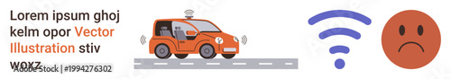 Autonomous cars, connectivity issues, transportation technology, digital communication, signal failure, innovation challenges. A self-driving car and a sad emotion with a weak wireless signal icon