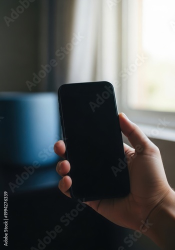 person holding a smartphone with a blurred screen near a window