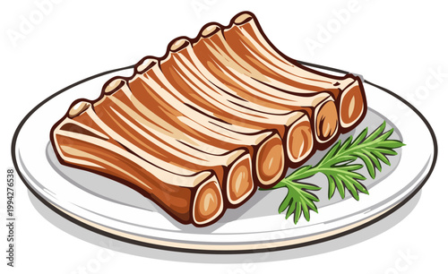 Appetizing pork ribs served on a white plate with garnish in a cartoon illustration style delicious and savory food presentation