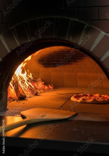wood fired pizza cooking in a traditional brick oven with flames