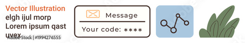 Digital security, verification processes, messaging systems, tech interface, data communication, abstract art. Message box with verification code, connection icon and leaf graphic. Digital security