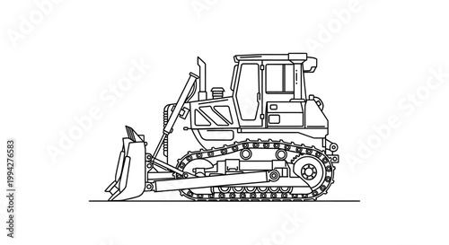 Black and White Line Art Illustration of a Bulldozer Construction Vehicle