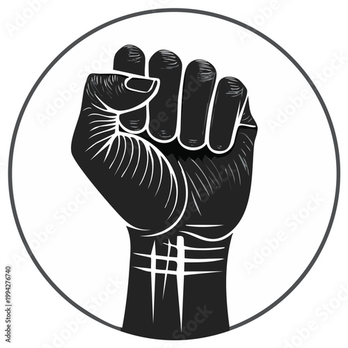 Raised fist symbol in black and white representing power, protest, resistance, and solidarity within a circular frame showcasing unity and strength.