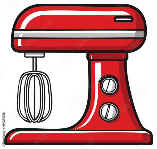 Red retro stand mixer with whisk attachment for baking and cooking illustration