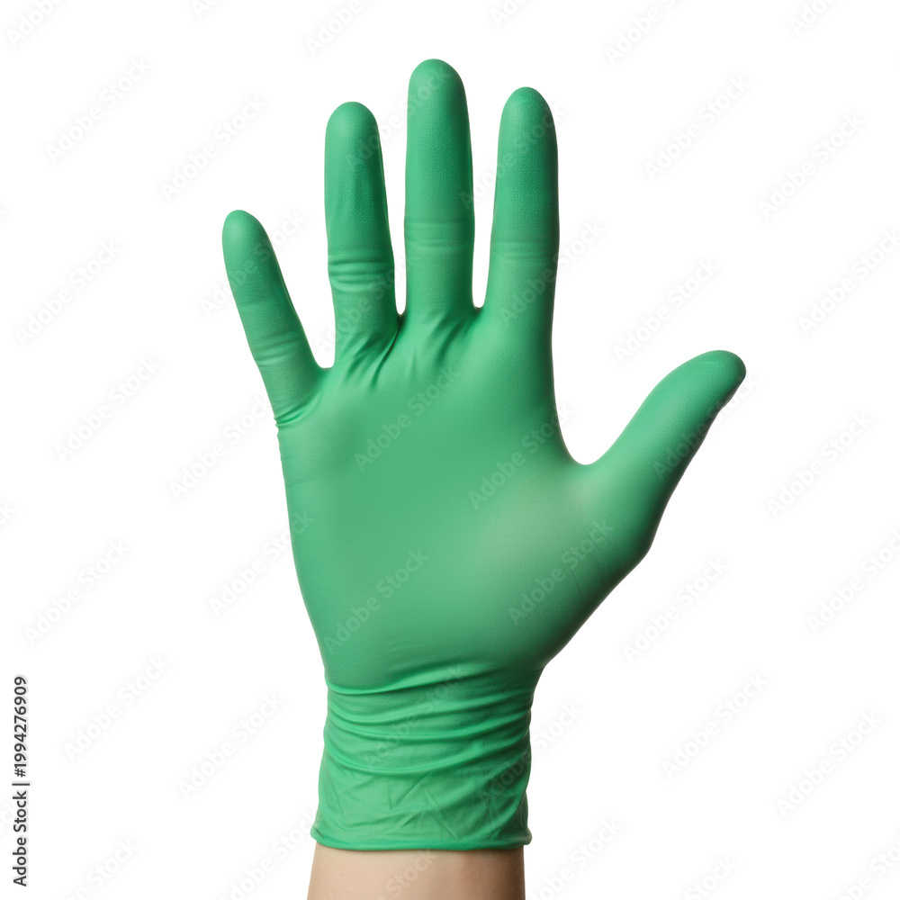 Obraz premium Adult hand wearing a vibrant green nitrile glove with fingers spread in a firm stop gesture against a stark white background, concept of medical safety