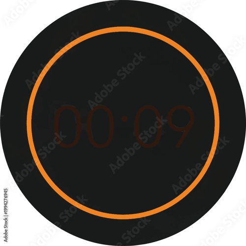 Digital timer icon, black circle clock, orange border, stopwatch display