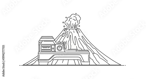 Geothermal Power Plant with Erupting Volcano Line Art
