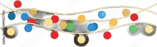 Colorful string lights, festive holiday decorations, glowing lanterns, vector illustration