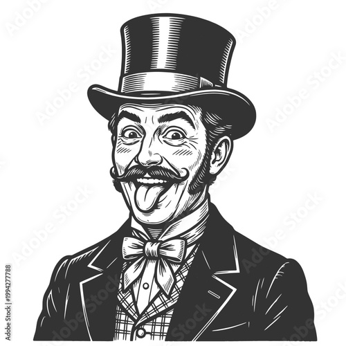 quirky Victorian gentleman in top hat, winking and sticking tongue out with playful expression sketch engraving generative ai vector illustration. Scratch board imitation. Black and white image.