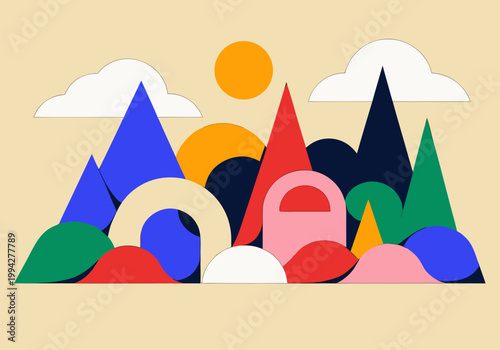Flat vector mountain landscape with sun, clouds, and minimal modern design.