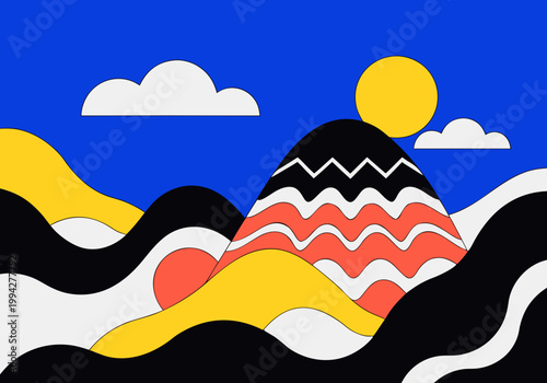 Flat vector mountain landscape with sun, clouds, and minimal modern design.