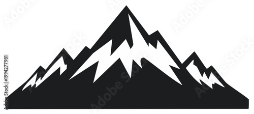 Minimalist black silhouette of a jagged mountain range with snow capped peaks, a vector logo for adventure