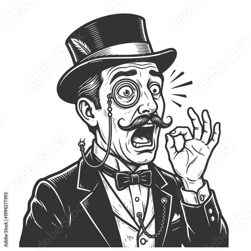 Victorian man wearing a monocle, reacting with surprise while making an OK hand gesture in a dramatic style sketch engraving generative ai vector illustration. Scratch board. Black and white image.