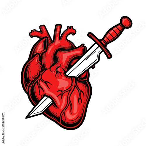 Dagger Piercing Anatomical Heart, Symbol of Betrayal, Pain, Broken Love