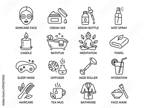 Black and white line icons of various selfcare and skincare products