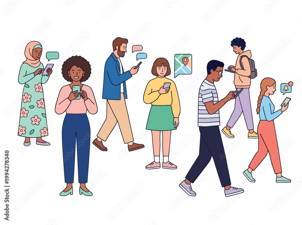 Fototapeta premium Diverse group of people walking while using their smartphones in a line
