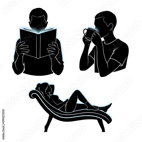 Silhouette of people relaxing: reading, drinking, and lounging