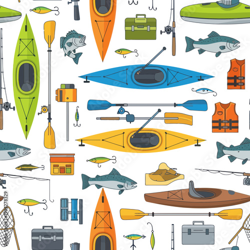 Cuadro en lienzo Seamless Pattern of Kayaking and Fishing Gear, Boats, Fish, and Life Vests