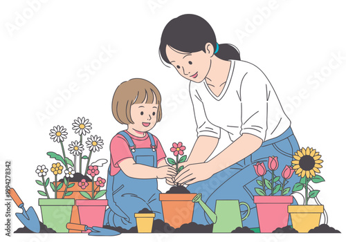 A mother and child happily plant flowers together outdoors. A heartwarming illustration showcasing family bonding and nature. Perfect for Mother's Day!