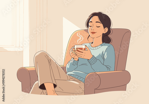 A serene woman relaxes with tea, bathed in warm sunlight. She exudes peace and tranquility, perfect for calming visuals.