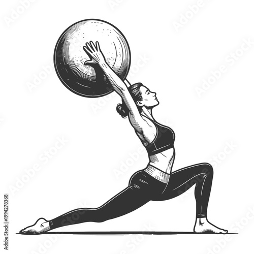 woman performing a lunge exercise with a fitness ball, representing strength training, balance, and healthy lifestyle sketch engraving generative ai vector illustration. Scratch board. Black and white