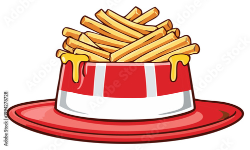 Fries Overflowing From a Red and White Container, Dripping Melted Cheese