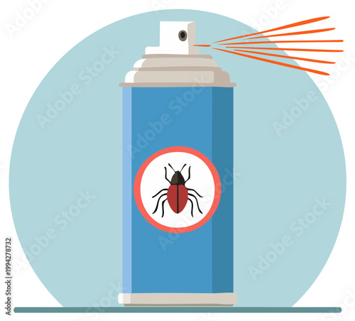 Illustration of a pest control spray can actively dispensing repellent with a beetle warning symbol