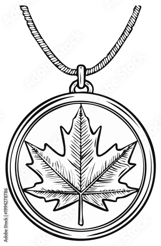 Detailed illustration of a maple leaf pendant with chain, vector design.