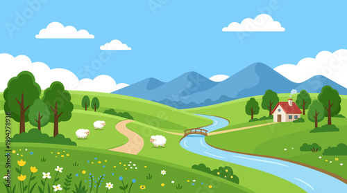 Vector rural landscape, countryside scenery, green hills, mountains, river, house, trees