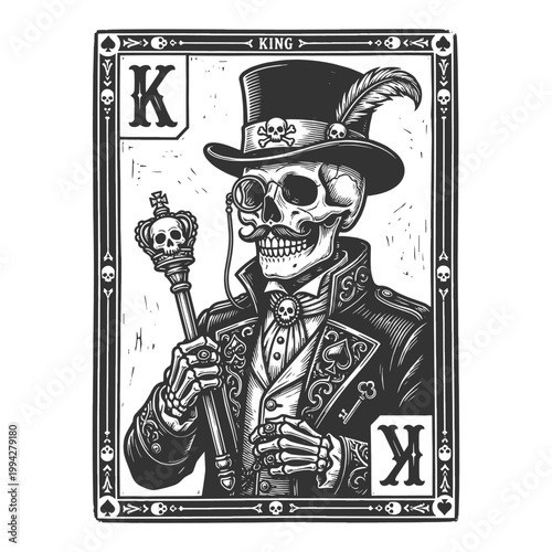 card featuring a skeletal king with top hat and cane, surrounded by ornate borders and gothic symbols sketch engraving generative ai vector illustration. Scratch board imitation. Black and white image