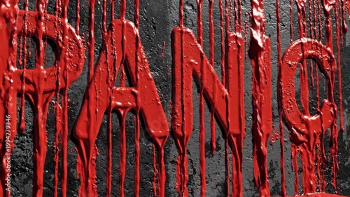 Dripping red panic word on black wall