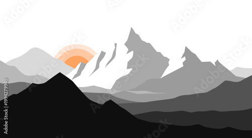 Serene and minimalist mountain range, rendered in grayscale. Suitable for backgrounds, web design, or conveying tranquility and a sense of perspective