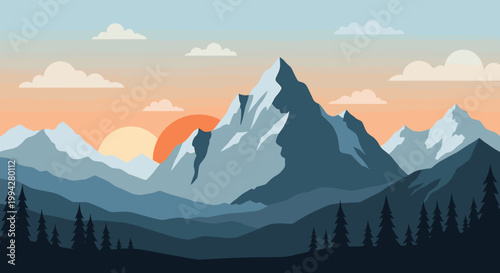 A calming landscape illustration evoking serenity and the grandeur of nature. Ideal for website backgrounds, editorial content, or projects needing a 