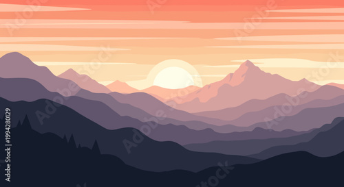 Serene mountain landscape bathed in warm sunset light, evoking feelings of peace and tranquility. Perfect for travel blogs, nature websites, or inspir